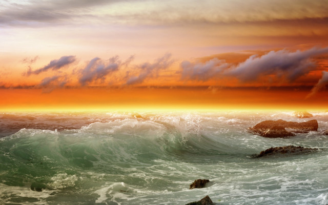 Sunset ocean waves rocks foreground #3 free wallpaper for desktop - medium preview image