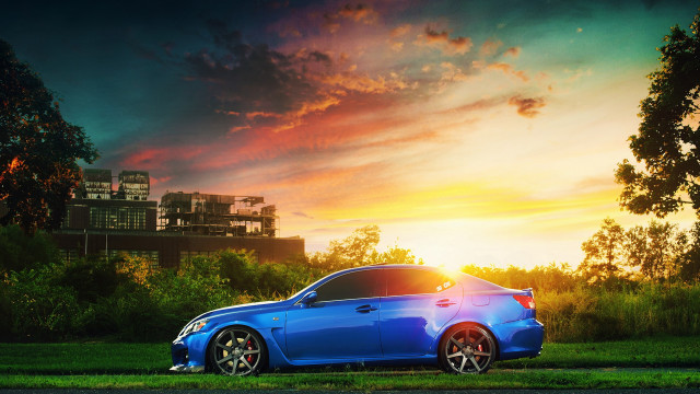 Blue car grass field sunset free wallpaper for desktop - medium preview image