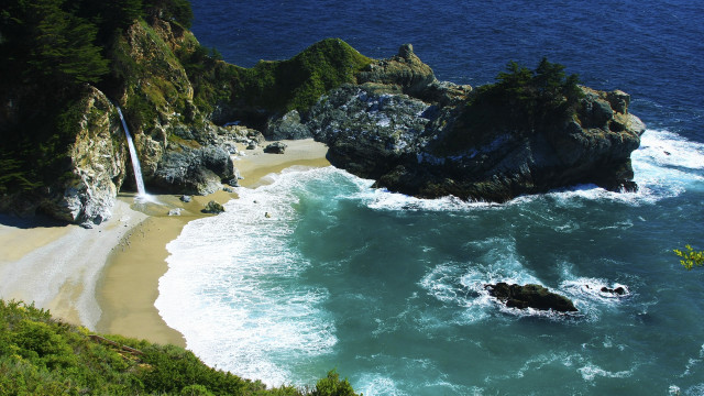 Beach waterfall forest shore lake free wallpaper for desktop - medium preview image