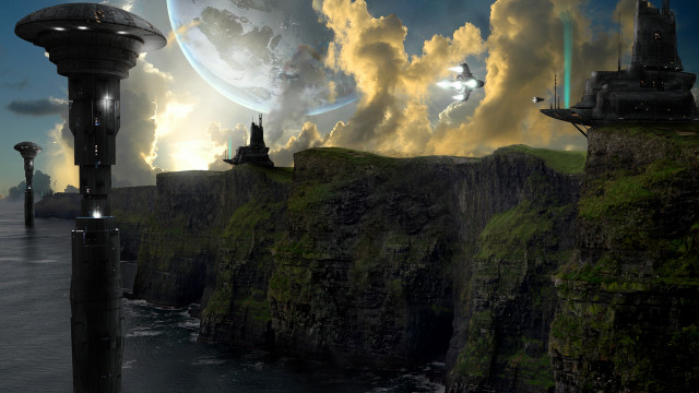 Futuristic cliff lighthouse moon castle free wallpaper for desktop - medium preview image