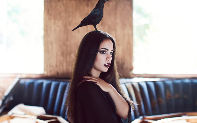 Woman crow restaurant booth gothic free wallpaper for desktop - medium preview image