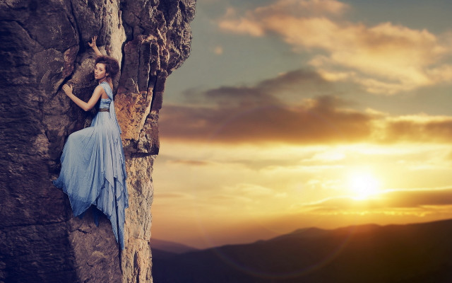 Woman blue dress mountain sunset free wallpaper for desktop - medium preview image