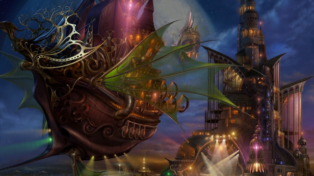 Futuristic city clock tower dragon free wallpaper for desktop - medium preview image