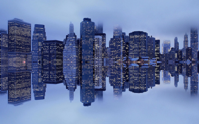 City skyline reflection night fog free wallpaper for desktop - medium preview image