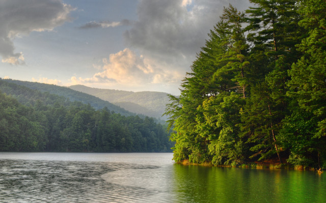 Lake mountains trees clouds boat #2 free wallpaper for desktop - medium preview image