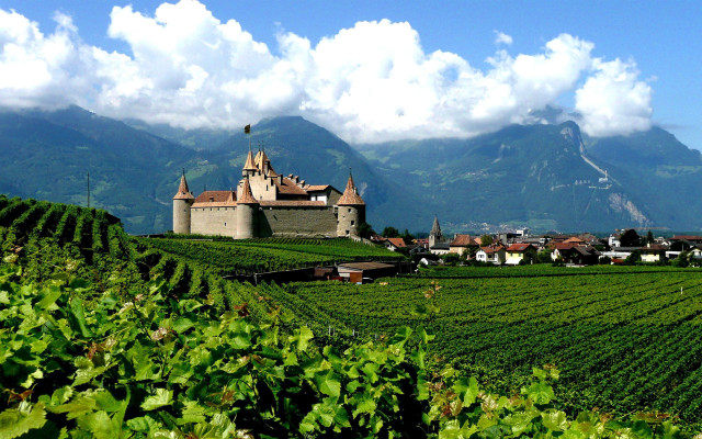 Castle greenfield mountains clouds mattepainting free wallpaper for desktop - medium preview image