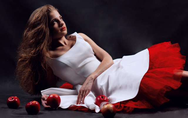 Woman white dress apples black free wallpaper for desktop - medium preview image
