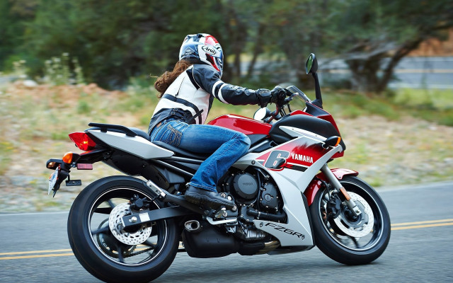 Woman motorcycle forest sunny digital free wallpaper for desktop - medium preview image