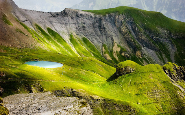 Mountain lake green mountain side free wallpaper for desktop - medium preview image