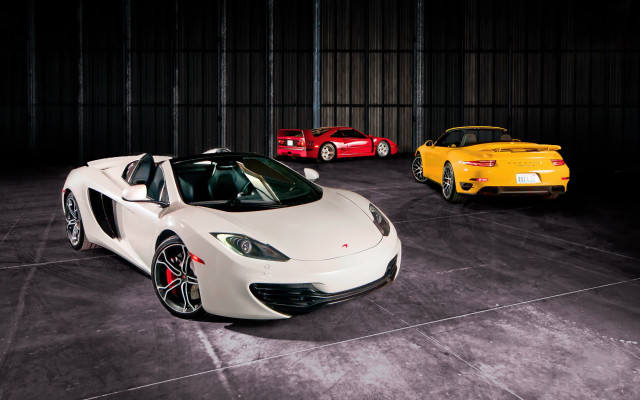 Three colored sports cars garage free wallpaper for desktop - medium preview image