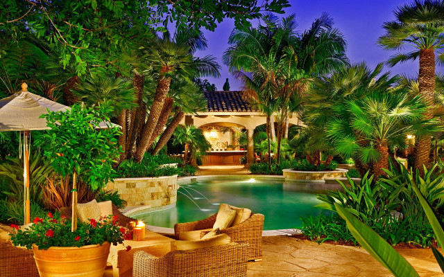 Luxury pool palm trees gazebo free wallpaper for desktop - medium preview image
