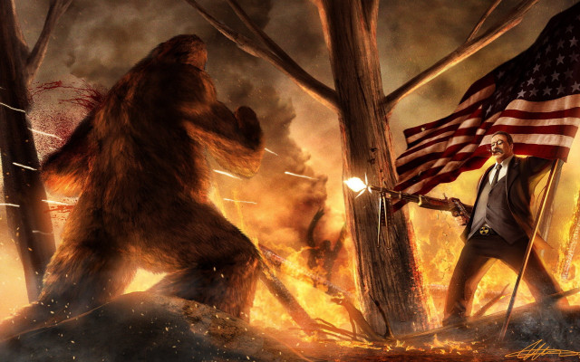Man flag bear forest fire free wallpaper for desktop - medium preview image