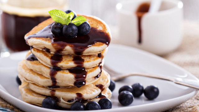 Pancakes blueberries syrup coffee plate free wallpaper for desktop - medium preview image
