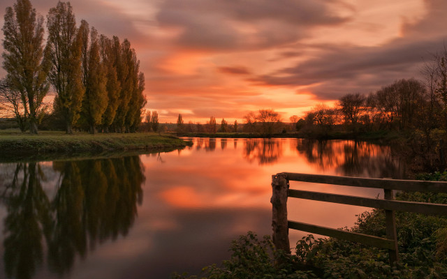 Sunset river fence trees field free wallpaper for desktop - medium preview image