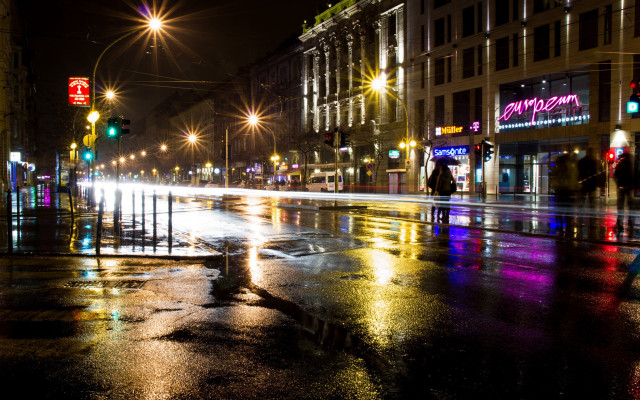 Wet street night person trafficlight free wallpaper for desktop - medium preview image