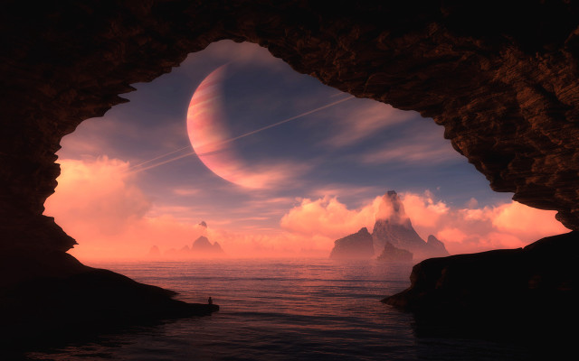 Distant planet cave ocean figure free wallpaper for desktop - medium preview image