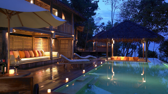 Pool lounge chair umbrella night free wallpaper for desktop - medium preview image