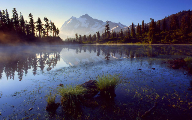 Lake fog mountains forest sky free wallpaper for desktop - medium preview image