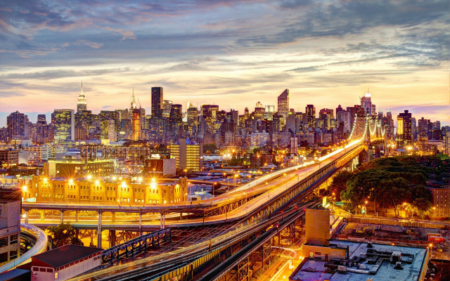 City skyline train dusk architecture free wallpaper for desktop - medium preview image