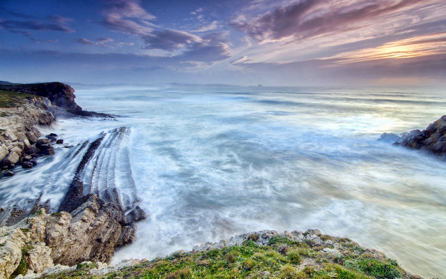Rocky coastline sunset waves clouds free wallpaper for desktop - medium preview image
