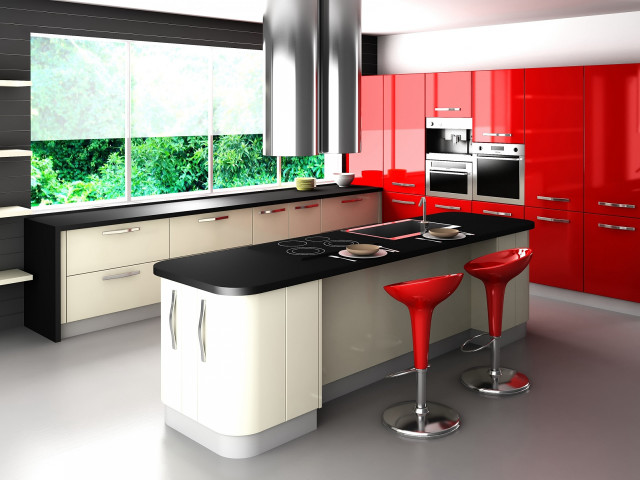Kitchen black countertop red cabinets free wallpaper for desktop - medium preview image