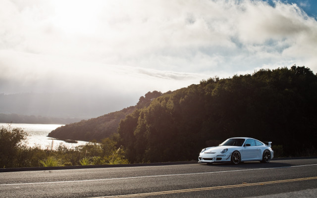 White car forest lake sunbeam free wallpaper for desktop - medium preview image