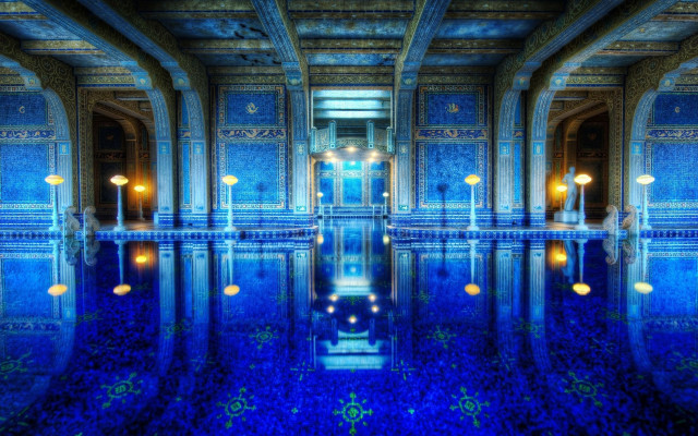 Blue pool skyline lanterns starry free wallpaper for desktop - medium preview image