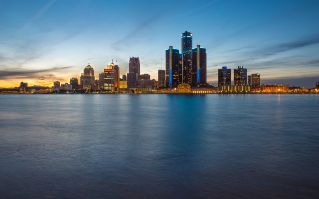 City skyline dusk water boat free wallpaper for desktop - medium preview image