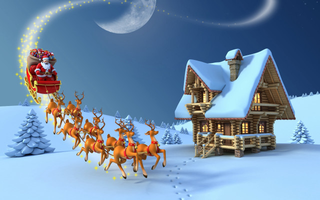 Santa sleigh snow cabin reindeers free wallpaper for desktop - medium preview image
