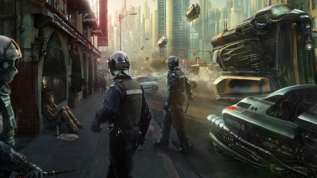 Futuristic city group car truck free wallpaper for desktop - medium preview image