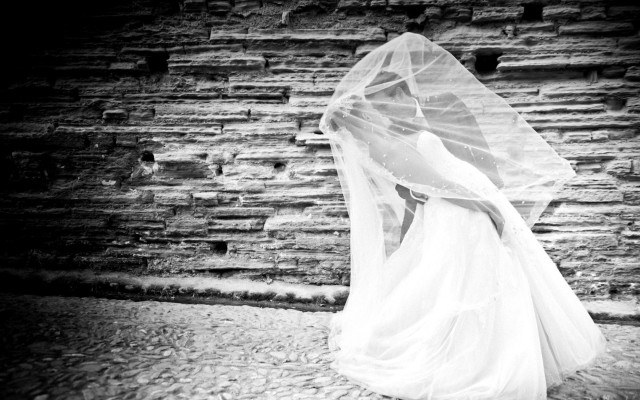 Wedding dress veiled street brick free wallpaper for desktop - medium preview image