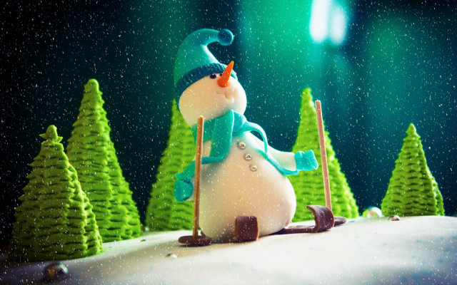 Snowman skis green scarf photorealism free wallpaper for desktop - medium preview image