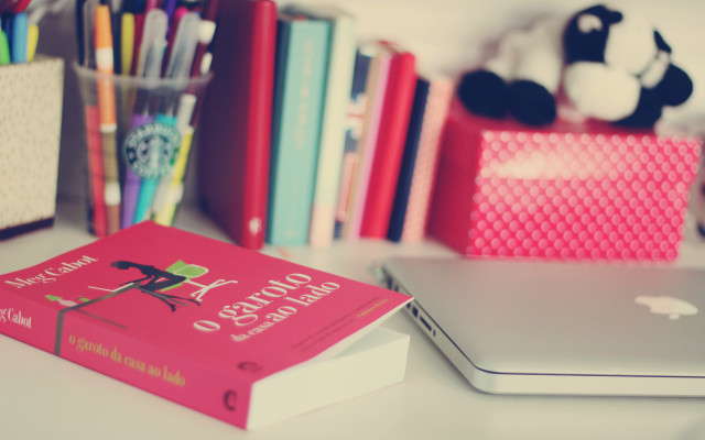 Book laptop pencup white desk free wallpaper for desktop - medium preview image