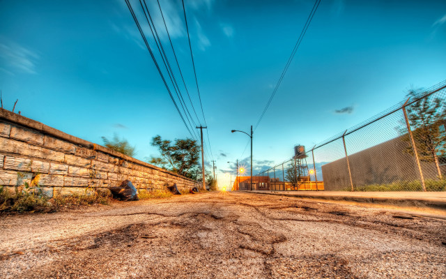 Dirt road fence building sky free wallpaper for desktop - medium preview image