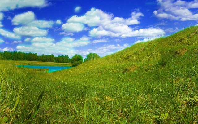 Grassy hill lake clouds blue free wallpaper for desktop - medium preview image