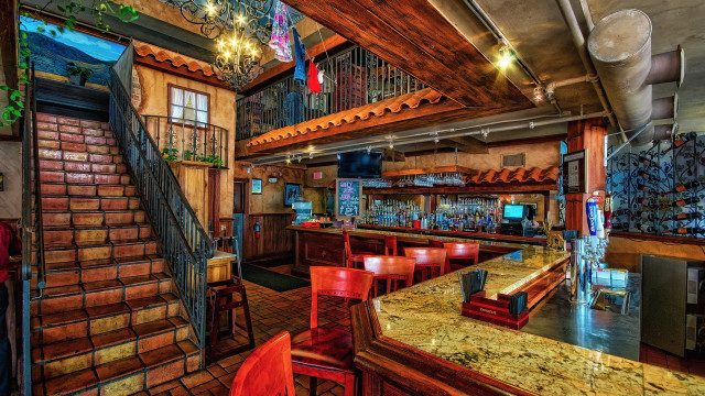 Restaurant staircase bar red chairs free wallpaper for desktop - medium preview image