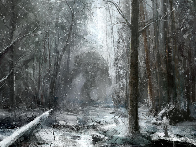 Snowy forest stream night stars free wallpaper for desktop - medium preview image