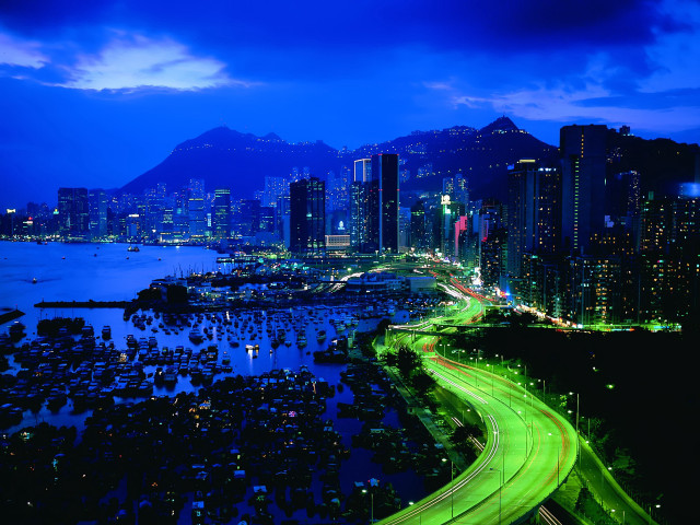 City skyline river night green free wallpaper for desktop - medium preview image