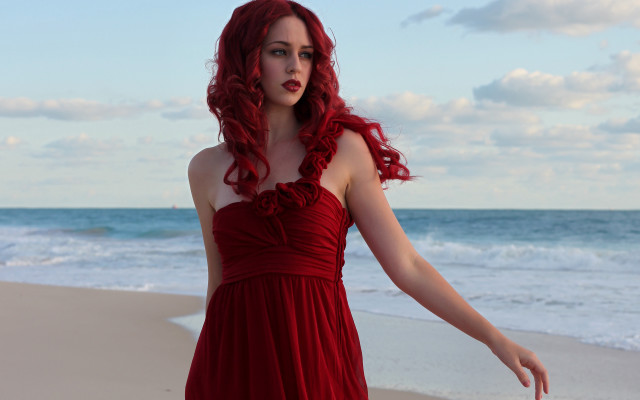 Red dress beach ocean gothic free wallpaper for desktop - medium preview image