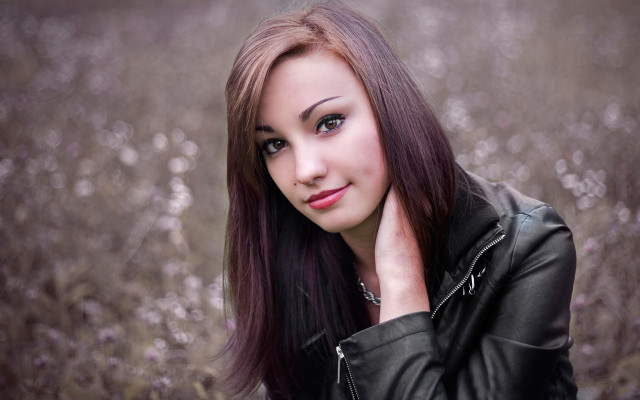 Woman longhair leatherjacket flowerfield portrait free wallpaper for desktop - medium preview image