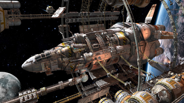 Space station shuttle moon astronaut free wallpaper for desktop - medium preview image