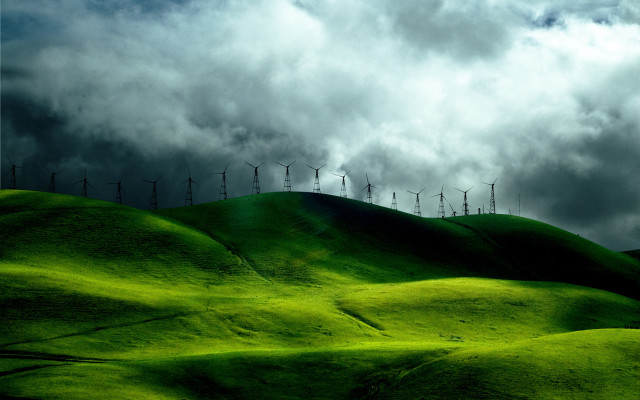 Green hill wind turbines cloudy free wallpaper for desktop - medium preview image
