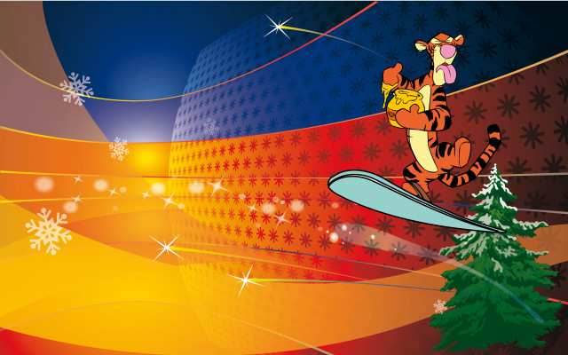 Cartoon tiger skiing christmas snowflakes free wallpaper for desktop - medium preview image