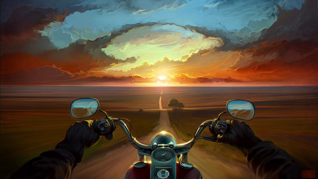 Motorcycle dirt road sunset psychedelic free wallpaper for desktop - medium preview image