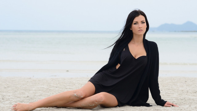 Beach woman blackdress cardigan sand free wallpaper for desktop - medium preview image