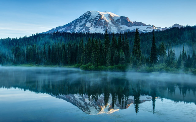Mountain snow capped reflection forest free wallpaper for desktop - medium preview image