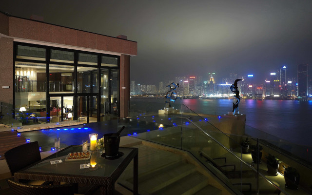 Cityscape glassrailing nightlights neon skyscraper free wallpaper for desktop - medium preview image