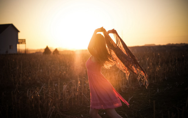 Pink dress woman sunset field free wallpaper for desktop - medium preview image