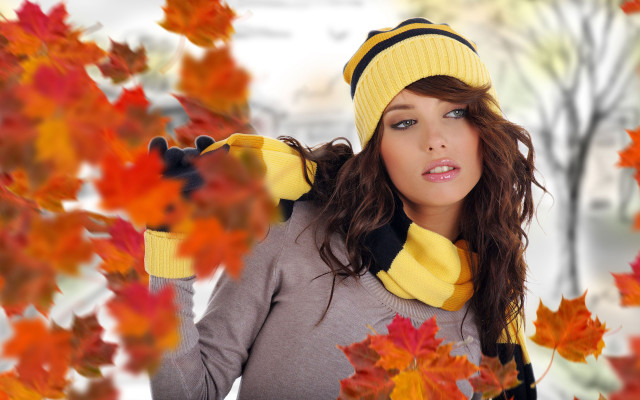 Woman yellow hat scarf autumn free wallpaper for desktop - medium preview image