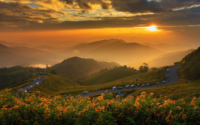 Mountain road sunset flowers cloudy free wallpaper for desktop - medium preview image
